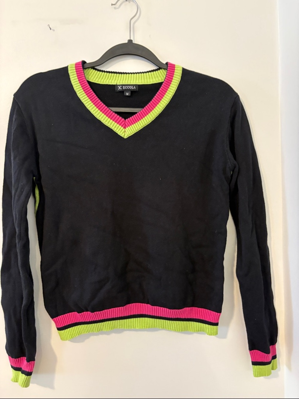 Black V-Neck Sweater with Pink & Lime Trim